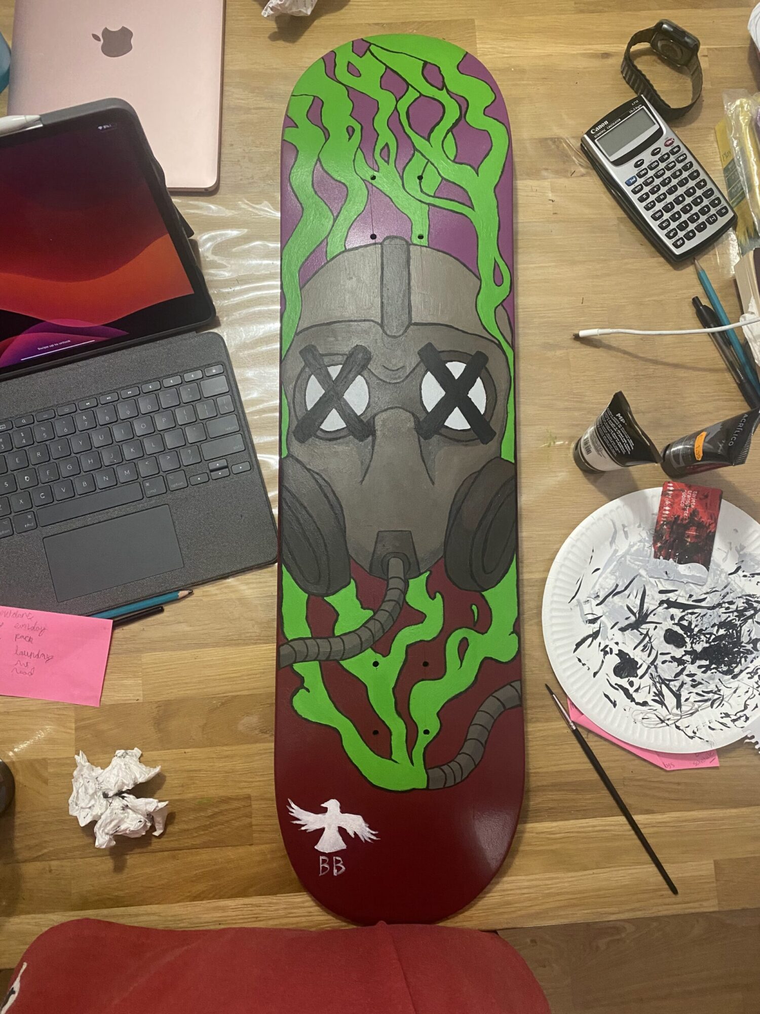 Featured image for “Custom Painted Gasmask Skateboard”